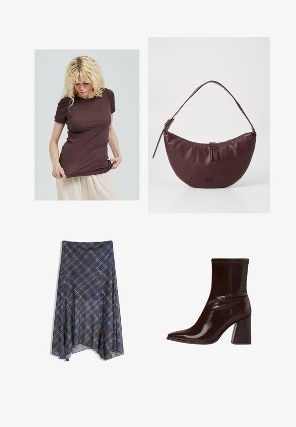 Braunes, geripptes T-Shirt mit kurzen Ärmeln, ausgestattet mit einem runden Ausschnitt und gerafften Akzenten an den Ärmeln. Entworfen für eine enganliegende Passform.; Schwarzer Karorock mit blauen und braunen Linien, fließendes Design, knielang, aus leichtem Stoff mit glatter Textur.; Braune Lackleder-Stiefelette mit spitzem Zehenbereich, elastischem Knöchel und blockartigem Absatz. Elegantes Design mit glatter Textur.; Bordeauxfarbene Lederhandtasche mit geschwungenem Design, ausgestattet mit einem Reißverschluss, zwei Reißverschlussanhängern und einem kurzen Schultergurt. Details umfassen ein geprägtes Logo.
