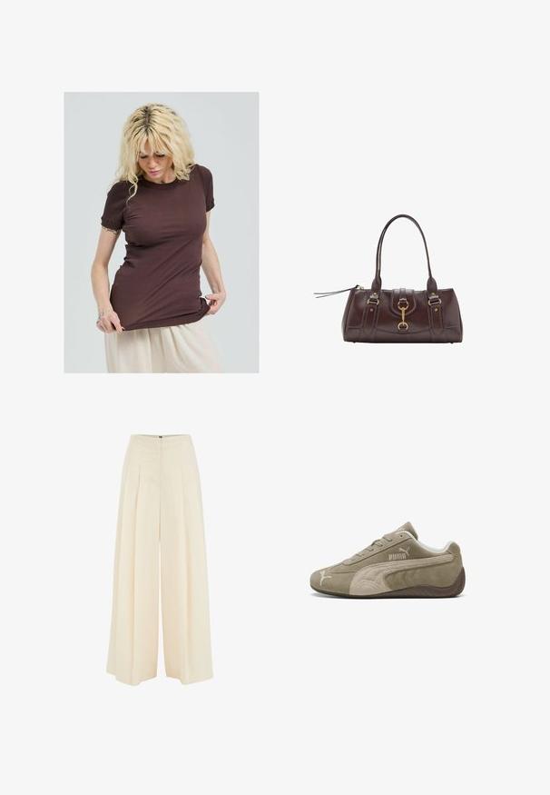 Brązowy prążkowany t-shirt z krótkimi rękawami, z okrągłym dekoltem i marszczonymi akcentami przy rękawach. Zaprojektowany do slim fit.; Spodnie o szerokich nogawkach w jasnym beżowym kolorze, z plisowanym przodem, wysokim stanem i gładką fakturą. Brak widocznych elementów metalowych lub wzorów.; Zamszowe sneakersy w jasnobrązowym kolorze z ciemniejszymi akcentami, charakteryzujące się niskim profilem, sznurowanym zapięciem oraz logiem marki z boku.; Ciemnobrązowa skórzana torebka z dwoma górnymi uchwytami, złotymi akcentami metalowymi, detalem z zatrzaskiem z przodu oraz wyszywanymi teksturami po bokach.