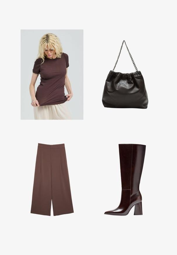 Hnědé žebrované tričko s krátkým rukávem, které má kulatý výstřih a na rukávech nařasené detaily. Navrženo pro slim fit.; Hnědé široké kalhoty s hladkou texturou, vysokým pasem a předními záhyby. Materiál je lehký a volně splývá.; Hnědé kožené kozačky po kolena s špičatou špičkou a texturovaným blokovým podpatkem. Vyznačují se čistými liniemi a minimálními švy.; Hnědá kožená taška se sbíraným vrškem a řetízkovým popruhem. Hladký povrch s lesklým finišem a jemným švem na bocích.