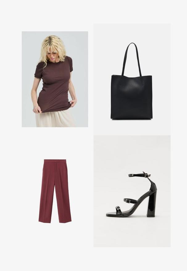 T-shirt marrone a costine con maniche corte, caratterizzato da un collo rotondo e dettagli arricciati sulle maniche. Progettato per una vestibilità slim.; Pantaloni larghi bordeaux con una texture liscia, caratterizzati da tasche laterali e una vita alta. Rifiniti con una piega frontale pulita.; Sandali con tacco in vernice nera, con punta squadrata, cinturini alla caviglia e fibbie in argento. Presentano un tacco a blocco spesso per maggiore stabilità.; Borsa tote in pelle nera con texture liscia, forma rettangolare e due manici lunghi. Nessun hardware o decorazione visibile.