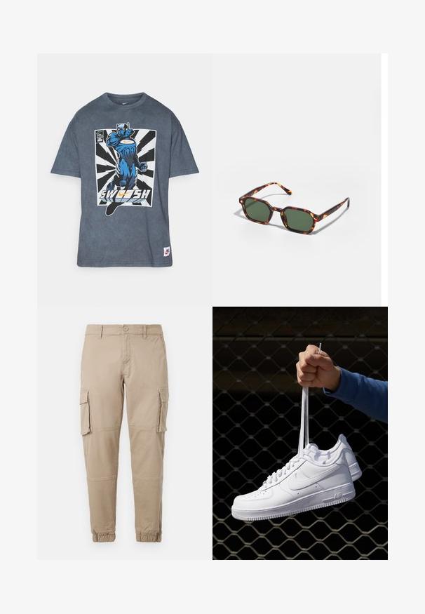 Hall jakk, mis on valmistatud pehmest kangast, esitleb sinist tegelaskuju koos silmapaistva Nike swooshiga, must-valge plahvatus taustal.; Beežid cargo-püksid kergest puuvillaste materjalist. Omab elastseid varrukatükke, mitmeid külgpocket'ite ja nööbiga sulgemist.; Valged nahast tennisetossud, millel on perforatsioonid, ümar nina, lame tallus ja paksud nöörid, nähtava swooshi logoga ja "AIR" kontsadel.; Kilpkonnakuju prillid roheliste läätsega, millel on kaheksanurkne kuju ja kitsad, kaarduvad varred. Materjalil on läikiv viimistlus.