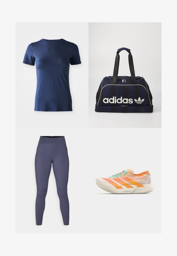 Mørkeblå kortermet t-skjorte laget av mykt stoff, med rund halsutringning og en liten logo på øvre venstre bryst.; Høytaljede leggings i en ensfarget mørkegrå farge. Laget av elastisk stoff med flatlocksømmer og en figurtilpasset, avsmalnet bendesign.; Løpesko med en blandet design av oransje, fersken og hvitt. Har tre hvite striper og lyseblå snøringer.; Marine duffelveske med hvitt Adidas-logo, med glidelås i toppen, to solide svarte håndtak og sidelommer i mesh. Glatt stoffstruktur.