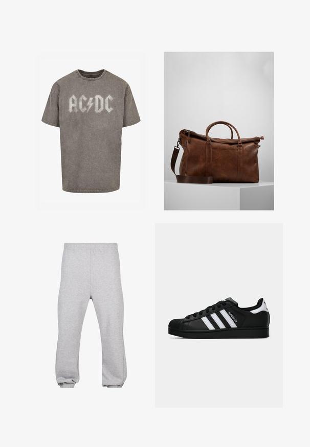 Szara, oversize'owa koszulka z bawełny o wyblakłej, zniszczonej teksturze. Posiada wyraźne logo AC/DC w kontrastującym jasnym kolorze.; Szare dresy wykonane z mieszanki bawełny, z elastycznym paskiem w talii, zwężanymi nogawkami i ściągaczami u dołu. Prosty design bez wzorów.; Czarne sneakersy Adidas Superstar z białymi paskami, noskiem w kształcie muszli i napisem "Superstar" na boku, zaprezentowane w profilu bocznym na białym tle.; Brązowa skórzana torba sportowa z zamknięciem na zamek, podwójnymi uchwytami, regulowanym paskiem na ramię oraz widocznymi wzorami tekstury na powierzchni.