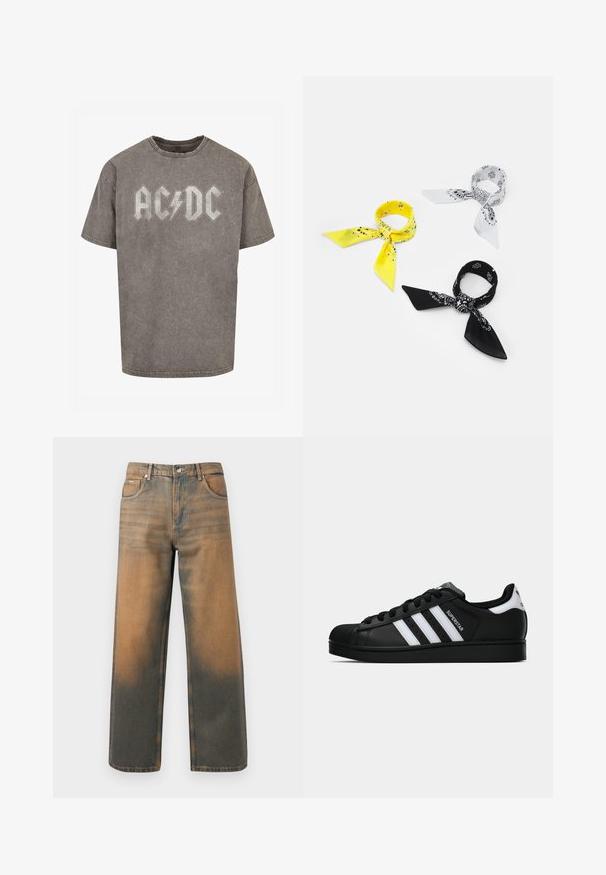Camiseta gris de gran tamaño hecha de algodón con una textura descolorida y envejecida. Presenta un logo de AC/DC en un color claro en contraste.; Jeans de pierna ancha en denim azul y marrón desgastado. Presentan una cinturilla alta, bolsillos delanteros y un cierre de botón clásico con acentos metálicos.; Zapatilla negra Adidas Superstar con rayas blancas, punta de concha y texto "Superstar" en el lateral, mostrada en perfil lateral sobre un fondo blanco.; Tres bandanas: una amarilla con patrones negros, una blanca con diseños negros y una negra con gráficos blancos. Todas son de tela ligera y de forma cuadrada.