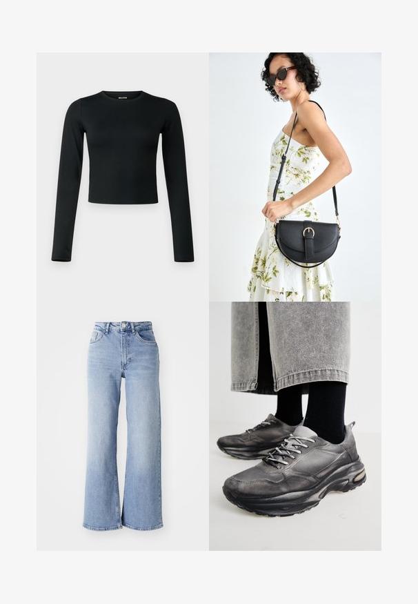 Hollister Co. Camisola de manga comprida - casual black; Jeans de cintura alta, de perna larga, em azul claro, com bolsos frontais e traseiros, fecho de botão e desbotamento subtil nas coxas e nas bainhas.; Sapatilhas atléticas pretas e cinzentas apresentam um upper em malha, solas espessas e atacadores. Têm um bico arredondado e detalhes de amortecimento visíveis.; Bolsa de couro preta com forma curva, alça destacável e detalhes em dourado. A bolsa possui uma aba com detalhe de fivela.