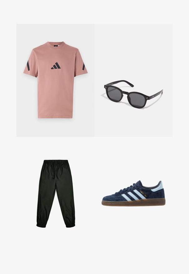 Rosa īsām piedurknēm sporta T-kreklu, kas izgatavots no mīkstas auduma, ar apaļu kakla izgriezumu, melnu logo uz krūtīm un melniem akcentiem uz piedurknēm.; Melnas sportiskas jogger bikses, izgatavotas no gludas, vieglas materiāla, ar elastīgu jostu un auklu, kā arī elastīgām aprocēm pie potītēm.; Jūras zilas zamša Adidas sporta apavi ar gaiši zilām strēmēm, gumijas zole, gaiši zila papēža cilpa un zelta "Spezial" emblēma sānos.; Melni ovāli saulesbrilles ar tumšiem stikliem, resniem rāmjiem un sudraba punktu akcentiem uz sāniem. Gluda plastmasas materiāls, mūsdienīgs dizains.