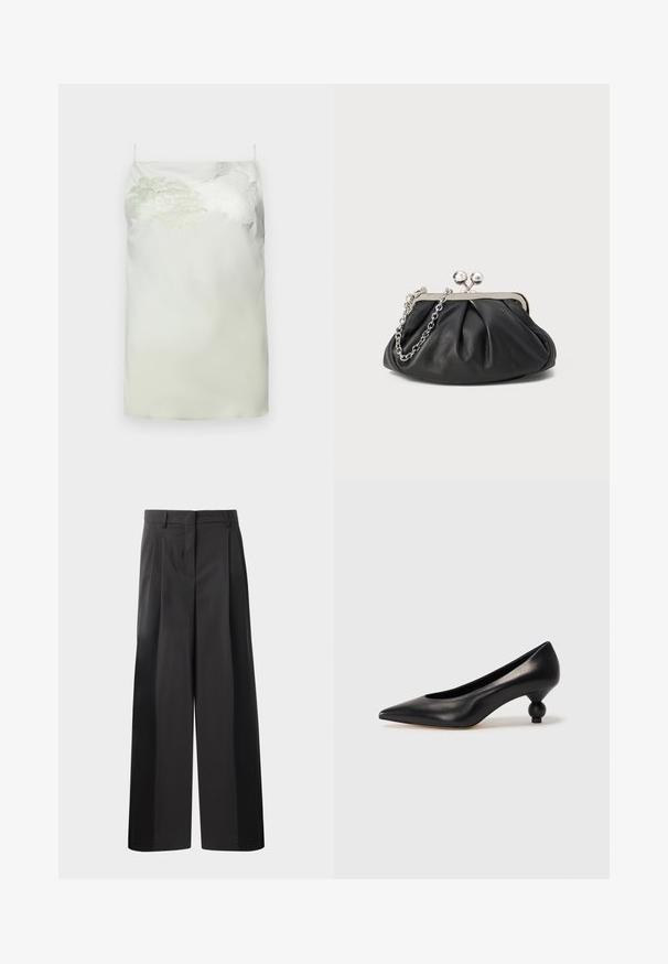 Heleda siidkleit helesinisel taustal, millel on lilleline tikand ühel õlal. Reguleeritavad spagettiõlapaelad, sirge lõige ja sile tekstuur.; Mustad laiad püksid kõrge vöökohaga, millel on ees voldid, sile tekstuur ja õmmeldud viimistlus. Kujundatud lõdva istuvuse saavutamiseks.; Must musta kõrge kontsaga king, millel on terav nina ja ümar, pallikujuline konts. Sile pind ja elegantne, minimalistlik disain.; Musthave musta nahast käekott, millel on volditud tekstuur, hõbedane metallraam, lukustatud sulgemismehhanism ja kett. Sile ja pehme pind.