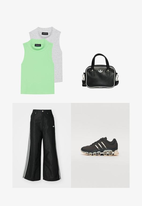 Dva bezrukavnika s visokim okovratnikom: jedan u svijetlozelenoj rebrastoj tkanini i jedan u sivoj, s ravnim krojem i mekanom, glatkom teksturom.; Crne široke traper hlače s tri bijele pruge sa svake strane i malim bijelim logom. Ima prednje džepove i preklop s gumbom.; Crne atletske tenisice s teksturiranim gornjim dijelom, tri srebrne pruge i posebnim potplatom s višestrukim integriranim sekcijama.; Crna kožna torba s dva kratka ručka, srebrnim detaljima, bijelim naglascima i bijelim logotipom. Ima teksturiranu površinu i kompaktni dizajn.