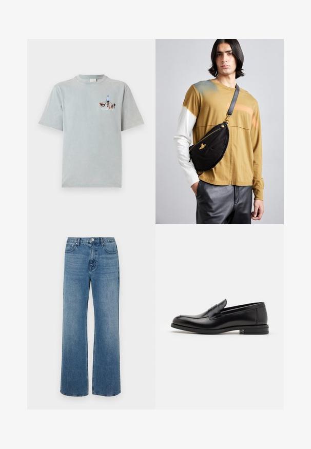 T-shirt de algodão azul claro com mangas curtas e gola redonda, apresentando um design gráfico de uma pessoa a passear cães na parte da frente.; Jeans azuis de perna larga, feitos de denim com um acabamento desbotado. Apresentam cinco bolsos, um fecho frontal com botão e um corte reto.; Mocassins de couro preto com uma textura suave, bico arredondado e uma faixa decorativa sobre o peito do pé. Salto baixo e empilhado, design minimalista.; Vivienne Westwood CITY BUMBAG UNISEX - Bolsa de cintura - black