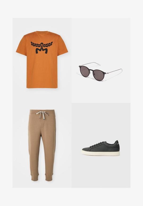 Oranžové bavlnené tričko s veľkým čiernym grafickým dizajnom abstraktnej postavy s krídlami na prednej strane. Krátke rukávy, okrúhly výstrih.; Svetlohnedé tepláky s elastickým pásom, bielymi a hnedými šnúrkami, bočnými vreckami a cufovanými členkami na bielom pozadí.; Čierne kožené tenisky s nízkym profilom, zaoblenou špičkou a šnurovaním; obsahujú textúrovanú gumovú podrážku a logo na päte.; Čierne okrúhle slnečné okuliare s tmavými sklami a tenkými kovovými ramenami. Obsahujú priehľadné konce rámov a strieborné akcenty na pántoch. Minimalistický dizajn.