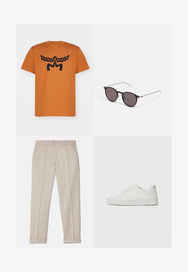 Oransje bomulls t-skjorte med et stort svart grafisk design av en abstrakt figur med vinger på forsiden. Korte ermer, rund hals.; Filippa K TERRY CROPPED TROUSERS - Bukse - sage melange; Hvite lærersneakers med en jevn overflate, rund tå, flate lisser og en teksturert såle. Har en subtil logo på hælen.; Sorte, runde solbriller med mørke linser og slanke metalarmer. Inkluderer klare temple tips og sølvfargede detaljer ved hengslet. Minimalistisk design.