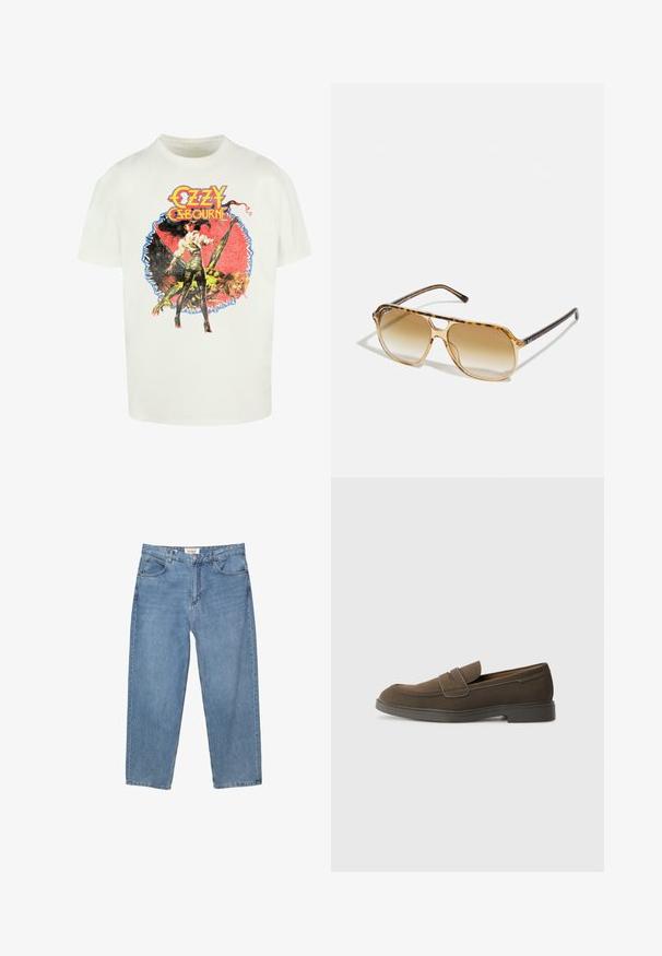 Witte katoenen t-shirt met een kleurrijke grafische print van een vrouw en een wezen, met de tekst "Ozzy Osbourne" in vetgedrukte, gestileerde letters.; Lichtblauwe denim jeans met een rechte pijp, vijf zakken en een zichtbaar merkteken op de tailleband.; Bruine suède instap schoenen met een ronde neus, een band over de wreef en een plat rubberen zool. Eenvoudig ontwerp met strakke lijnen en minimale details.; Schildpad zonnebril met een rechthoekig montuur, bruin vervagende lenzen en slanke zwarte pootjes met subtiele logo-accenten.