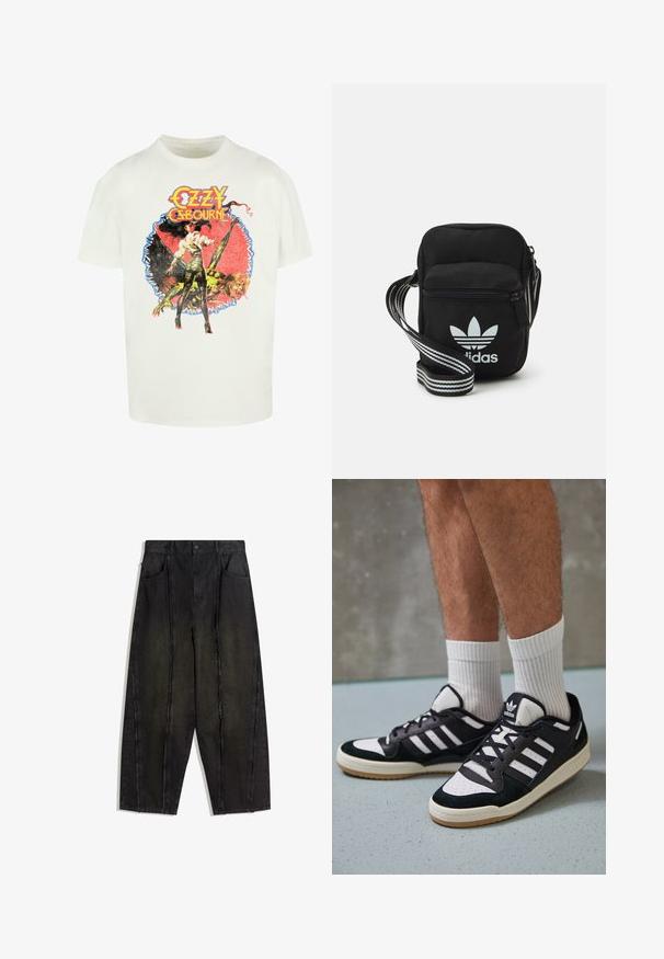 Tricou alb din bumbac cu un imprimeu grafic colorat ce înfățișează o femeie și o creatură, având textul "Ozzy Osbourne" în litere îndrăznețe și stilizate.; Pantaloni negri din denim cu picioare largi, cu cusături vizibile și margini desfăcute, având două buzunare frontale și un design cu talie înaltă.; Adidași negri și albi cu un superior din suede și piele, prevăzuți cu trei dungi albe, un vârf perforat și o talpă din cauciuc caramel.; Geantă de umăr din material textil negru, cu închidere cu fermoar, având un logo Adidas alb și o curea ajustabilă cu dungi pentru o transportare ușoară.