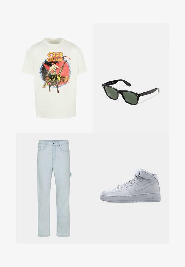 Fehér pamut póló színes grafikával, amely egy nőt és egy lényt ábrázol, a "Ozzy Osbourne" felirattal, vastag, stílusos betűkkel.; Világoskék farmernadrág, egyenes szabással, gombos záródással, öt zsebbel és oldalsó hurok részletekkel a fokozott funkcionalitás érdekében.; Magas szárú szürke Nike Air Force 1 sportcipők bőrből készült felsőrészsel, párnázott bokarésszel és tépőzárral. Ikonikus dizájn jellemzi a perforált orrdoboz.; Fekete műanyag napszemüveg zöld lencsékkel, négyzet alakú kerettel, ezüst díszítéssel a keret felső részén, valamint texturált szárakkal. A márka neve a belső száron található.