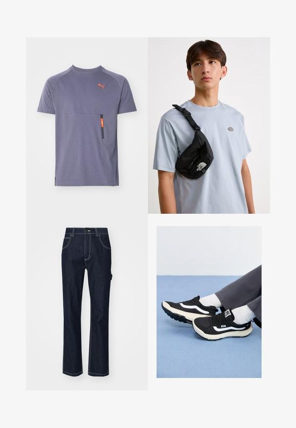 Lila sportliches T-Shirt aus atmungsaktivem Stoff, mit einer horizontalen Tasche in Orange und Schwarz sowie Raglanärmeln.; Dunkelblaue Denim-Jeans mit einer geraden Beinöffnung, fünf Taschen, kontrastierenden Nähten und einem Knopfverschluss am Bund.; Schwarze Sneaker mit weißen Akzenten, aus Mesh- und Gummimaterialien, mit einer strukturierten Sohle und Fersenschlaufe. Getragen mit weißen Socken und grauen Hosen.; Schwarze Nylon-Crossbody-Tasche mit verstellbarem Riemen, die ein auffälliges weißes Logo trägt. Wird über einem hellblauen T-Shirt getragen. Schlichtes, funktionales Design.