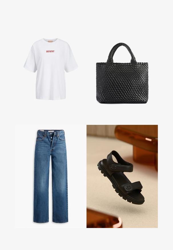 Bílá bavlněná tričko s krátkým rukávem, na přední straně s červeným nápisem "HOWDY". Uvolněný střih s kulatým výstřihem.; Modré džíny z denimu s širokými nohavicemi, pěti kapsami, zapínáním na knoflík a kontrastním prošíváním. Texturovaná látka s vybledlým povrchem.; Černá kožená sandál s dvěma nastavitelnými popruhy, texturovanou podrážkou a výrazným, robustním designem. Obsahuje akcent s logem na popruhu.; Černá tkaná taška přes rameno s dvěma držadly, která má texturovaný povrch a obdélníkový tvar. Jednoduchý, jedinečný design bez viditelného kovového příslušenství.