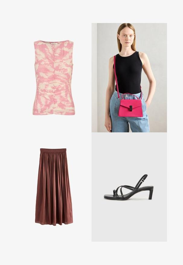 Ružičasta i kremaste bezrukavna majica s uzorkom tie-dye, nabranom teksturom sprijeda i okruglim izrezom.; Smeđa suknja do koljena izrađena od lagane tkanine s teksturiranim završetkom. Ima elastičnu jaknu i nabrane plisirane detalje.; Crne sandale s trakama, kvadratnim prstom i niskom blok petom. Ima više tankih trakica i podesivu trakicu oko gležnja. Izrađene su od glatke kože.; Ružičasta strukturirana torba s preklopom i crnim akcentom na hardveru. Nosi se preko tijela s dugim remenom. Glatka tekstura.