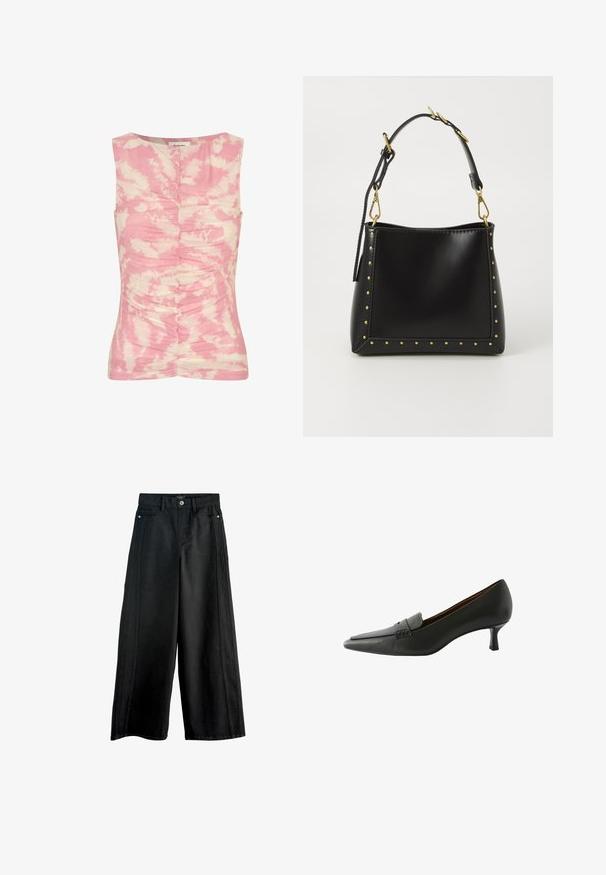 Sverskt rosa och krämfärgad ärmlös topp med ett batikmönster, samlad textur fram och rund halsringning.; Svarta vidbenade jeans i denim, med hög midja, framfickor och kontrasterande sid söm. Rent, minimalistiskt design.; Svart läderklackskor med spetsig tå och dekorativ rem. Har en låg stilettklack och slät yta.; Svart läderhandväska med en strukturerad form, prydd med gyllene nitar längs kanterna och en avtagbar rem med gyllene detaljer.