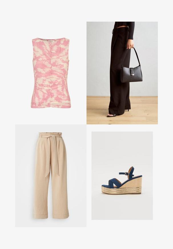 Roze en crème mouwloze top met een tie-dye patroon, geplooide textuur aan de voorkant en een ronde halslijn.; Beige wijde broek met een riem in de taille, gemaakt van een textuurstof. Heeft een geplooide voorkant en een gladde afwerking langs de zoom.; Marineblauwe wedge sandaal met gekruiste banden, een geprofileerd natuurlijk vezelplatform en een gouden metalen accent aan de basis.; Zwarte handtas met gestructureerde vorm, gladde textuur en een metalen sluiting. Gecombineerd met brede zwarte broeken en sandalen met open teen op een houten vloer.