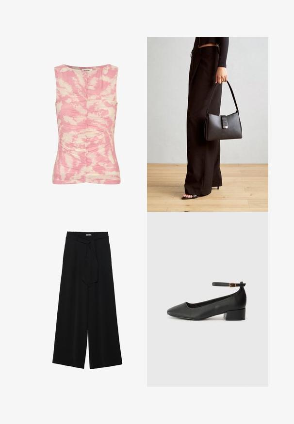 Débardeur sans manches rose et crème avec un motif tie-dye, texture froncée sur le devant et un col rond.; Pantalons larges noirs en tissu texturé, avec une taille élastique et une ceinture à nouer amovible à la taille pour un ajustement variable.; Escarpin en cuir noir avec un bout pointu et un petit talon bloc. Doté d'une bride de cheville avec une boucle dorée. Texture lisse.; Sac à main noir à la forme structurée, texture lisse et fermoir métallique. Associé à un pantalon noir ample et des sandales ouvertes sur un sol en bois.
