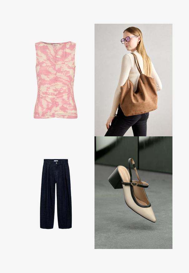 Vaaleanpunainen ja kerma väri, hihaton paita, jossa on tippavärjäyskuvio, rypistynyt tekstuuri edessä ja pyöreä kaula-aukko.; Tummansinisiä leveälahkeisia housuja, joissa on laskoksia vyötäröllä, etupainike ja vyön lenkit. Sujuva rakenne ja täyspitkä muotoilu.; Beige slingback-kengät, joissa on musta reuna, kultahakas, ja paksu lohkoheel, harmaalla lattialla tummanvihreää taustaa vasten.; Ruskea nubukkivuoriolaukku, jossa on pehmeä rakenne, tilava avaus ja pitkät hihnat. Ominaisuuksiin kuuluu yksinkertainen muotoilu näkyvine ompeleineen ja ilman metalliosia.