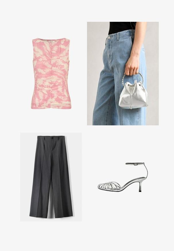 Débardeur sans manches rose et crème avec un motif tie-dye, texture froncée sur le devant et un col rond.; Pantalon large en tissu gris foncé, avec une fermeture à bouton, des plis avant et des passants de ceinture. Texture lisse avec un design ajusté.; Sandale argentée à lanières avec un petit talon, comportant plusieurs lanières croisées, une lanière de cheville avec une boucle, et une texture lisse et brillante.; Sac en seau argent métallique avec une finition texturée, orné d'une poignée ronde en argent et d'une fermeture à cordon, tenu contre un jean bleu clair.