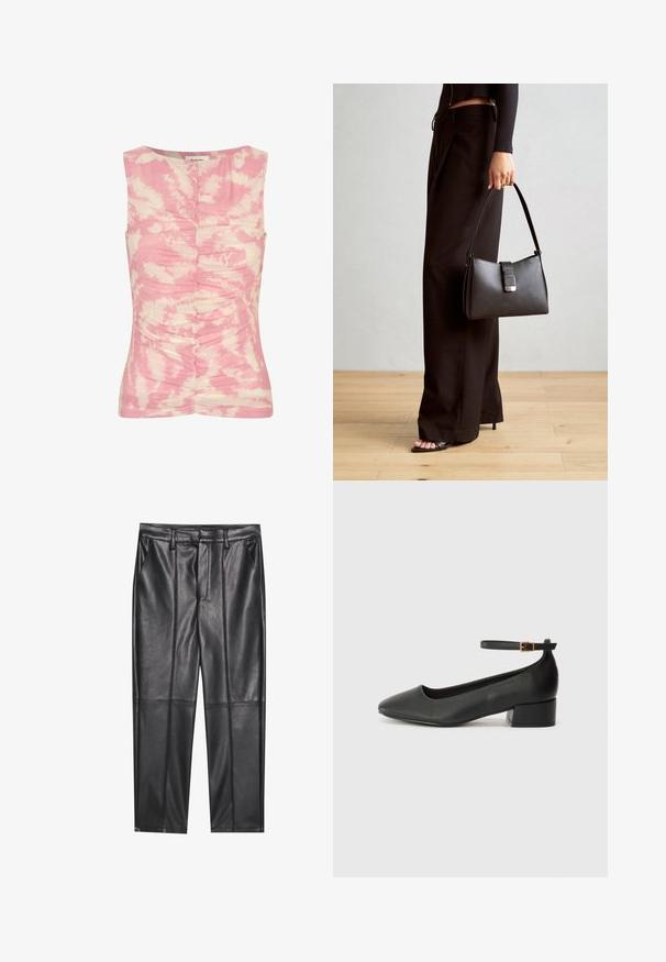 Pink and cream sleeveless top featuring a tie-dye pattern, gathered texture down the front, and a round neckline.; Black leather trousers with a smooth texture, featuring a straight fit, two front pockets, and visible seam detailing.; Black leather pump with a pointed toe and a low block heel. Features an ankle strap with a gold-tone buckle. Smooth texture.; Black handbag with structured shape, smooth texture, and a metallic clasp. Paired with wide black pants and open-toe sandals on wooden floor.