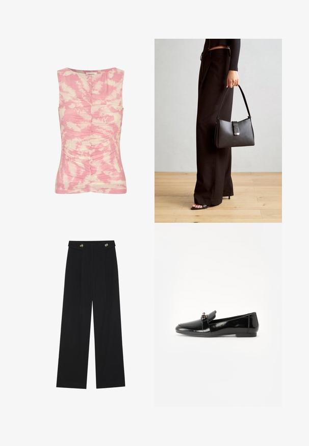 Top senza maniche rosa e crema con un motivo tie-dye, texture arricciata sul davanti e scollatura rotonda.; Pantaloni neri a gamba larga con vita alta, dettagli con bottoni in vita e pieghe frontali.; Mocassino in pelle verniciata nera con suola piatta, punta arrotondata e una fascia decorativa con accento in tonalità oro. Finitura liscia e lucida.; Borsa nera con forma strutturata, texture liscia e una chiusura metallica. Abbinata a pantaloni neri larghi e sandali open-toe su un pavimento in legno.