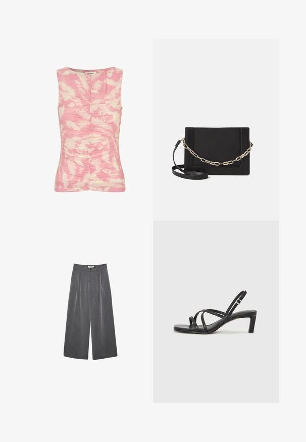 Roza in krema brezrokavnik s printom tie-dye, nabranimi teksturami po sprednji strani in okroglim izrezom.; Nabrane hlače širokega kroja v temnosivi tkanini z diskretno teksturo. Opremljene so z gumbom za zapiranje in klasičnim oblikovanjem pasu.; Črne natikače s trakovi in kvadratnim prstom ter nizkim blokastim peto. Imajo več tankih trakov in nastavljiv trak okoli gležnja. Narejene so iz gladkega usnja.; Črna usnjena torba čez ramo z gladko teksturo, pravokotno obliko in kovinskim verižnim detajlom spredaj. Vključena je nastavljiva naramnica.