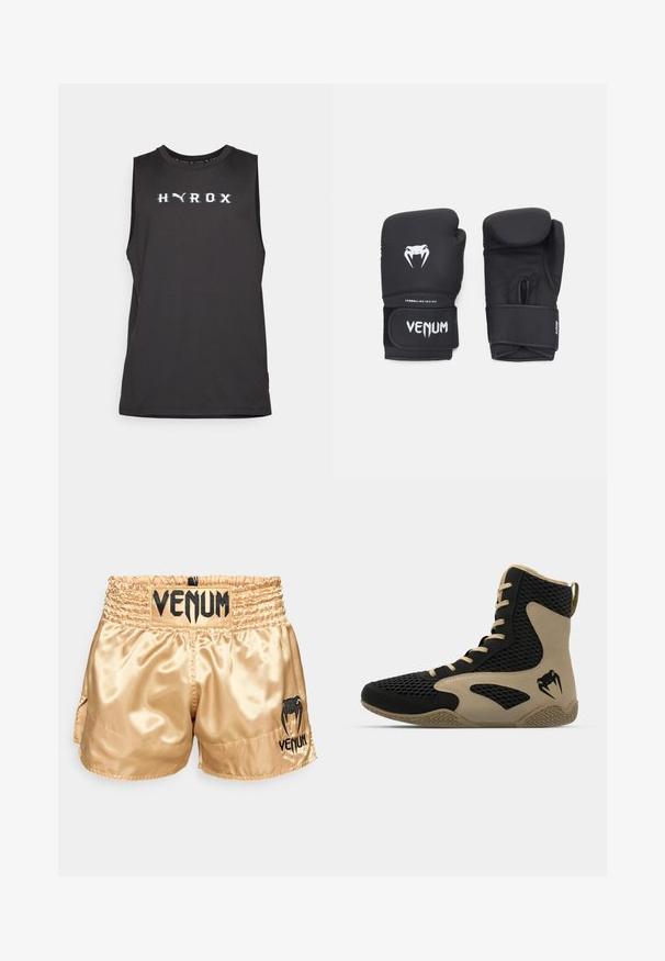 Svart ermeløs treningsgenser med "HYROX" i hvit skrift over brystet. Glatt stoff, rund hals og vanlig passform.; Gylne sateng bokseshorts med svart "VENUM" logo på midjebåndet og siden, med en jevn tekstur og elastisk midjebånd for komfort.; Høye idrettssko med svart nettverksutside og beige detaljer. Teksturert gummisåle og logo på siden.; Svarte boksehansker med en glatt tekstur, med en hvit Venom-logo og justerbar borrelåsstropp for sikker passform.
