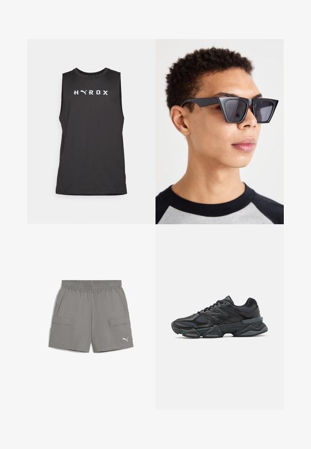 Top atletico senza maniche di colore nero con la scritta "HYROX" in lettere bianche sul petto. Tessuto liscio, scollatura rotonda e vestibilità regolare.; Pantaloni cargo grigi realizzati in tessuto leggero, con cintura elastica, due tasche laterali e un piccolo logo in basso a sinistra.; Scarpa da corsa nera con una combinazione di materiali in rete e sintetici, suola spessa, design curvo e marchio ben visibile sul lato.; Occhiali da sole neri angolari con lenti scure, caratterizzati da un audace design geometrico e una finitura opaca. Indossati da una persona con capelli corti.