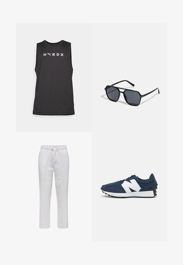 Schwarzes ärmelloses Sportoberteil mit "HYROX" in weißer Schrift über der Brust. Glattes Material, Rundhalsausschnitt und normale Passform.; Weiße Pull-on-Hosen mit einem elastischen Bund und Zugband. Gerade Schnittform aus einem glatten, leichten Stoff ohne Muster.; Marineblaue Sportschuhe mit weißem Logo, Obermaterial aus Wildleder und Mesh, mit gepolstertem Schaft, flachen Schnürsenkeln und strukturiertem schwarzen Gummisohle.; Schwarze Sonnenbrille mit achteckigem Rahmen, dunklen Gläsern, glänzender Oberfläche, dünnen Bügeln und goldenen Akzenten auf der Vorderseite.