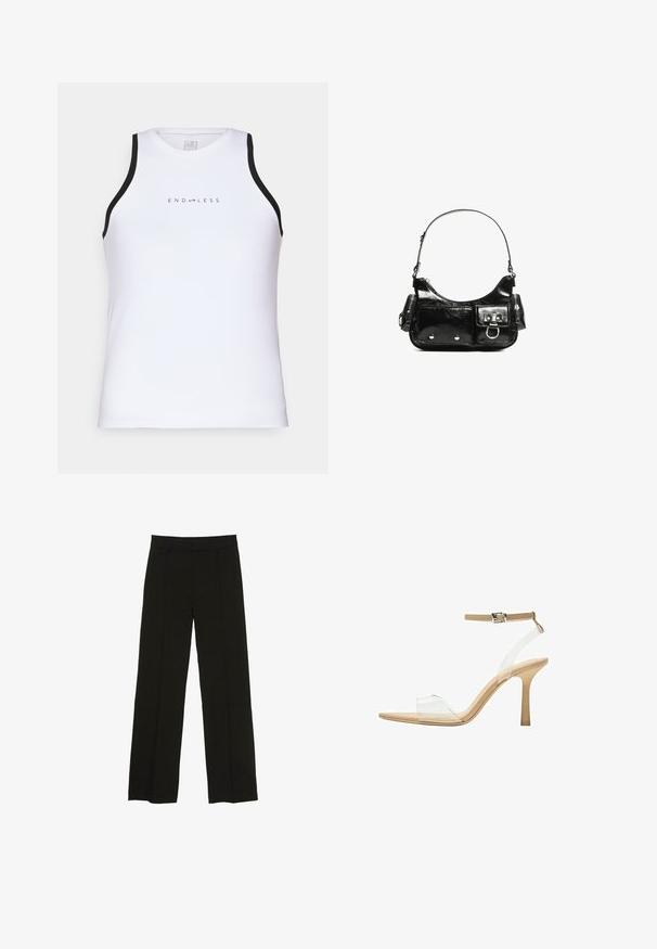 Endless ESSENTIAL - Toppi - white; Mustat leveälahkeiset housut, jotka on valmistettu sileästä kankaasta. Niissä on istuva vyötärö ja hienovaraiset etupleatit, jotka lisäävät tekstuuria.; Kirkas korkokenkä läpinäkyvällä varrella, beigellä pohjalla ja hoikalla nilkkahihnalla. Ominaisuuksiin kuuluu terävä kärki ja ohut korkea korko.; Mustekko mustasta kiiltonahasta valmistettu käsilaukku, jossa on kaareva muoto, yksi olkahihna, etutaskut ja hopeanväriset yksityiskohdat.