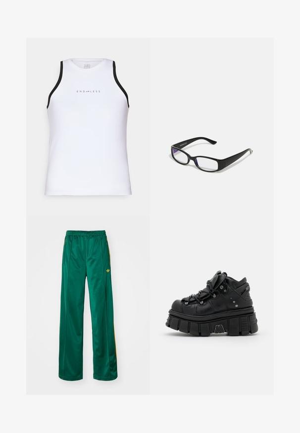 Endless ESSENTIAL - Top - white; Groene satijnen sportbroek met een relaxte pasvorm, voorzien van gele streepaccenten en een geborduurd logo aan de linkerzijde. Elastische tailleband.; Zwarte chunky platform sneakers met een ronde neus, textieleer bovenwerk, gevoerde tong en metallic accenten; dikke, geribbelde zoolontwerp.; Zwarte rechthoekige bril met heldere glazen. Glanzende afwerking, smalle veren en paarse tint zichtbaar aan de randen van de glazen.