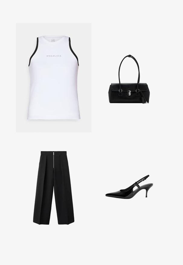Endless ESSENTIAL - Top - white; Zwarte wijde broek met voorplooien en een zichtbare zilveren ritsluiting aan de taille, vlakke voorkant en zijzakken.; Zwarte gepatenteerde leren slingback pump met puntige neus, open zijuitsparingen, slanke hak en verstelbare enkelband.; Zwarte leren handtas met een gladde textuur, gestructureerd ontwerp, dubbele hengsels en een zilveren sluiting in het midden.
