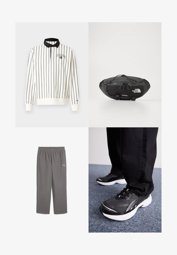 Valkoinen pitkähihainen paita mustilla pystysuorilla raidoilla, kiinteä musta kaulus ja pieni "Champion"-logo vasemmassa rinnassa. Hihansuissa on napit.; Harmaat urheiluhaalarit, joissa on joustava vyötärö, valmistettu kevyestä kankaasta. Vasemmassa jalassa on pieni valkoinen logo.; Musta urheilukengät, joissa on verkkokangas, valkoinen pohja ja mustia yksityiskohtia. Pohjassa on rakenne. Käytetään mustien housujen kanssa sinisellä matolla.; The North Face TERRA LUMBAR 3L UNISEX - Vyölaukku - asphalt grey/black