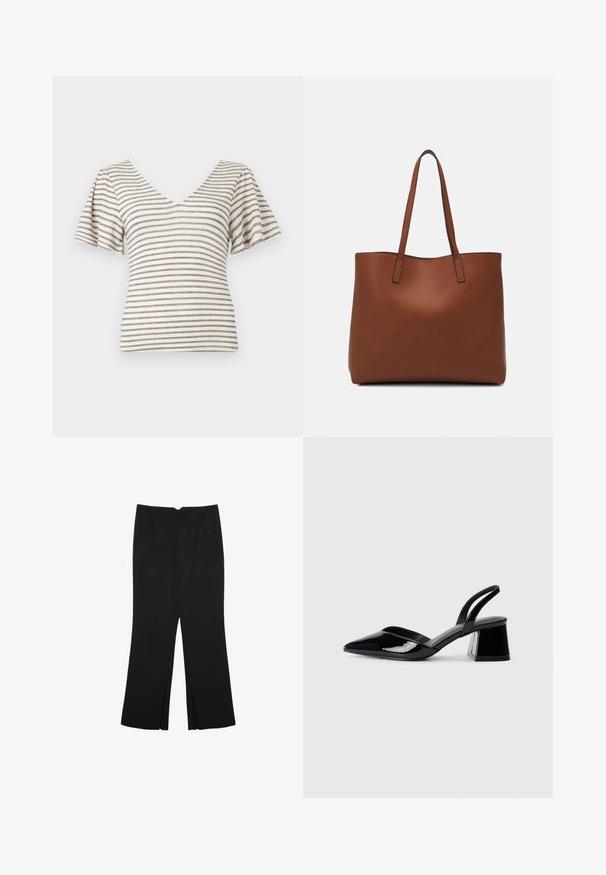 Prúžkovaný krátky rukáv top v of-white s námorníckymi a šedými pruhmi. Má výstrih do V a nadýchané rukávy, vyrobený z ľahkého materiálu.; Čierne nohavice so strihom rovného strihu, s prednými vreckami a bočnými rozparkami na leme. Vyrobené z mäkkej, hladkej tkaniny. Vhodné na rôzne príležitosti.; Čierne lakované kožené sandálové podpätky s špicatou špičkou a geometrickým blokovým podpätkom. Disponujú elegantným, minimalistickým dizajnom a hladkým povrchom.; Hnedá kožená taška na rameno s hladkou textúrou, otvoreným vrchom a dvoma ramenými popruhmi. Má minimálne šitia a žiadne viditeľné kovania.