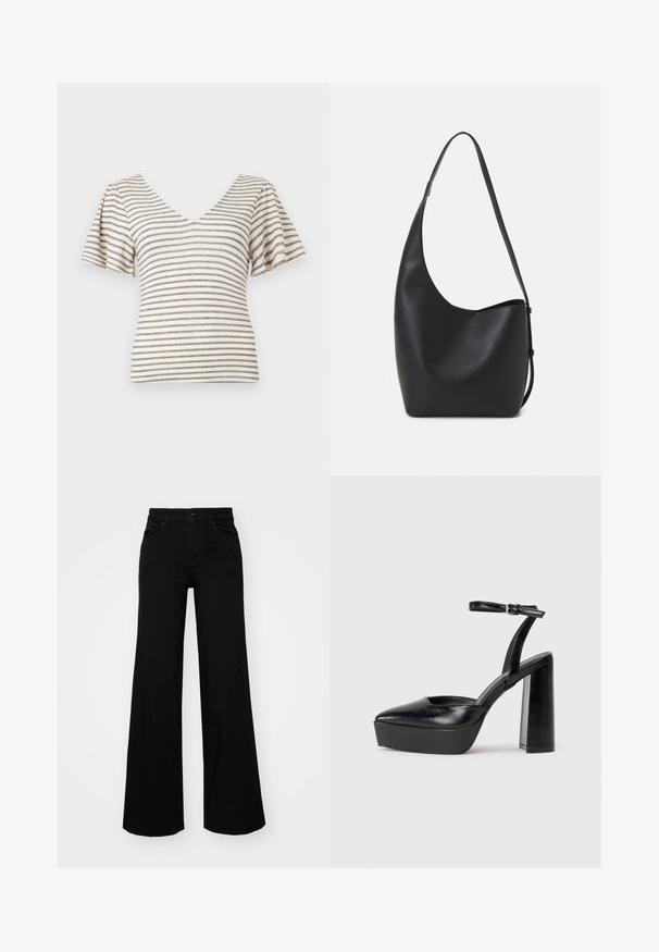 Prúžkovaný krátky rukáv top v of-white s námorníckymi a šedými pruhmi. Má výstrih do V a nadýchané rukávy, vyrobený z ľahkého materiálu.; Čierne široké nohavice z denimu s pevným pásom, pútkami na opasok a prednými vreckami. Hladká štruktúra s klasickým dizajnom.; Čierne platformové podpätky so špicatou špičkou a nastaviteľným členkovým remienkom. Vyrobené z hladkej kože a so robustným blokovým podpätkom.; Čierna kožená hobo taška so hladkou textúrou, zakriveným tvarom a jedným nastaviteľným popruhom; má široké otvorenie na vrchu.