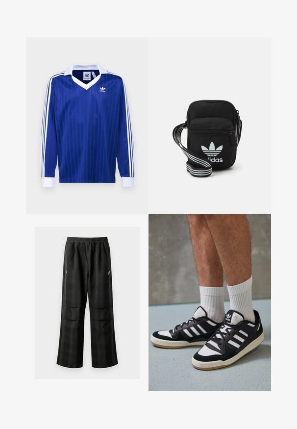 Zils Adidas garām piedurknēm krekls ar vertikālām svītrām, baltu apkakli un trim baltām svītrām uz piedurknēm. Uz krūtīm ir logo.; Melnas kvadrātveida bikses ar elastīgu jostu, divām priekšējām kabatām un brīvu piegriezumu ar taisnām kājām. Izgatavotas no viegla materiāla.; Melnas un baltas kedas ar zamša un ādas augšdaļu, kas aprīkotas ar trim baltām svītrām, perforētu purngali un gumijas zolēm.; Melna auduma crossbody soma ar rāvējslēdzēja aizdari, kurai ir balts Adidas logo un svītrainas regulējamas siksnas ērtiem pārvietošanās veidiem.