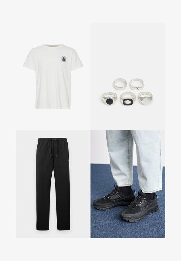 White cotton t-shirt with short sleeves, crew neck, and a small blue graphic print on the left chest featuring palm trees and text.; Black sweatpants made of fleece, featuring an elastic waistband with drawstrings, two front pockets, and a small logo on the thigh.; Black athletic shoes with textured fabric and rubber soles, featuring elastic laces and a blue accent on the heel. Worn with light denim pants.; Five silver rings: one with a black circular detail, one with a white and black geometric pattern, and others with various shapes and finishes.
