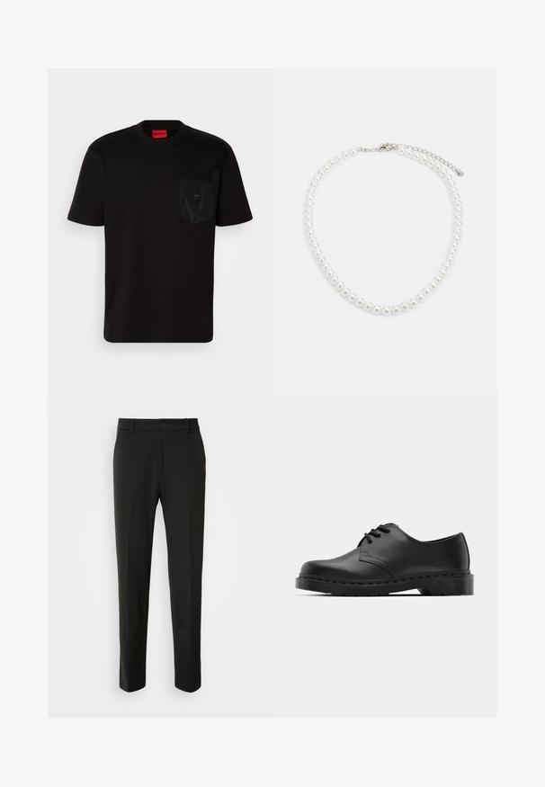 Czarny t-shirt z krótkim rękawem wykonany z bawełny, z teksturowaną czarną kieszenią z detalem logo oraz okrągłym dekoltem.; Czarne spodnie z gładkiego materiału, z prostymi nogawkami, z zapięciem na guzik i klasycznym wzornictwem, odpowiednie zarówno na formalne, jak i codzienne okazje.; Czarne skórzane półbuty oxford z zapięciem na sznurowadła, zaokrąglonym noskiem, płaską gumową podeszwą oraz subtelnym przeszyciem na cholewce.; Biała perłowa naszyjnik o jednolitym, okrągłym kształcie, gładkiej powierzchni oraz metalowym zapięciu z przedłużanym łańcuszkiem dla regulowanej długości.