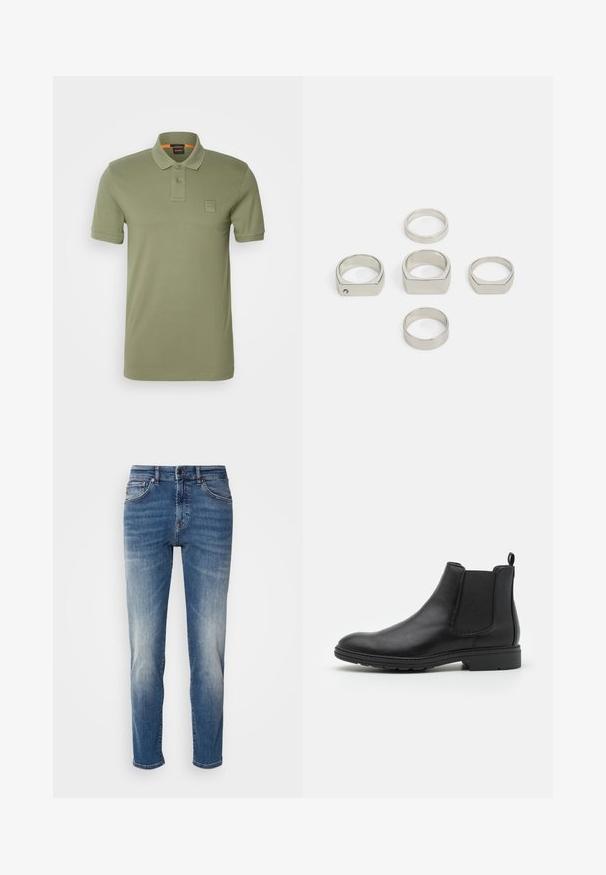 BOSS PASSENGER - Pólóing - open green; Kék farmernadrág egyenes szárú kialakítással, enyhe kopással, klasszikus öt zsebes stílussal és cipzáros, gombos záródással.; Fekete bőr Chelsea csizma, elasztikus oldalpanellel és húzófüllel, lekerekített orral és texturált gumitalppal.; Hat darab fémes ezüstgyűrű, különböző formákban, beleértve a kerek és négyzetes kialakítást, sima textúrával és minimalista designnal.