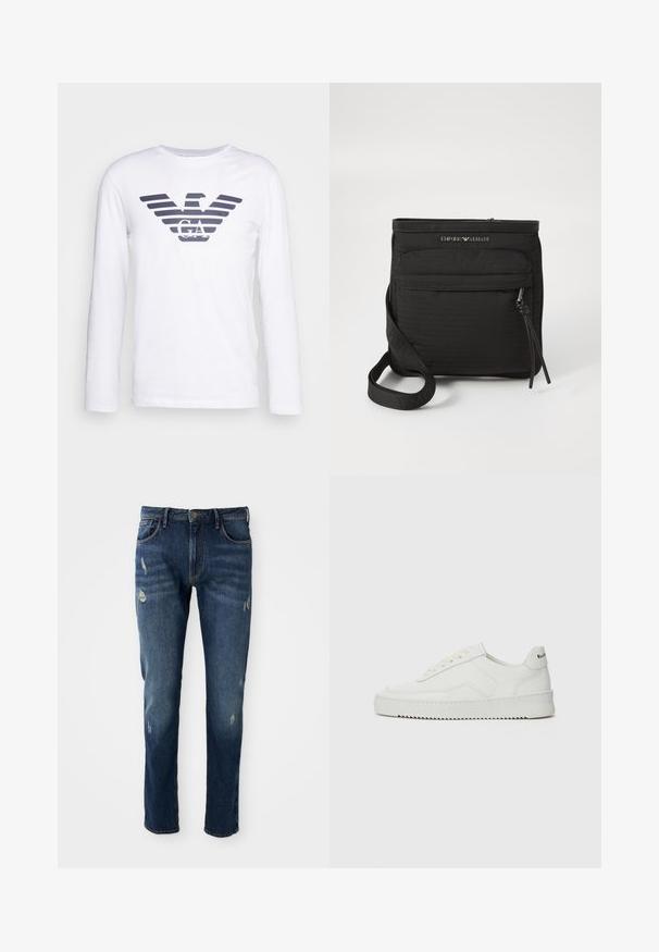 Bijela majica dugih rukava sa tamnoplavim prugastim logom orla s natpisom "GA" u središtu. Izrađena od mekog, glatkog pamučnog materijala.; Tamno plave traperice slim kroja, s blagim oštećenjem na bedrima i koljenima, klasičnog pet džepnog dizajna i zatvaranjem na gumb.; Bijele kožne tenisice s glatkom površinom, okruglim vrhom, ravnim vezicama i teksturiranom potplatom. Imaju suptilan logo na peti.; Crna Emporio Armani torba preko ramena s prednjim džepom na patent, podesivim remenom i logotipom na teksturiranom materijalu.