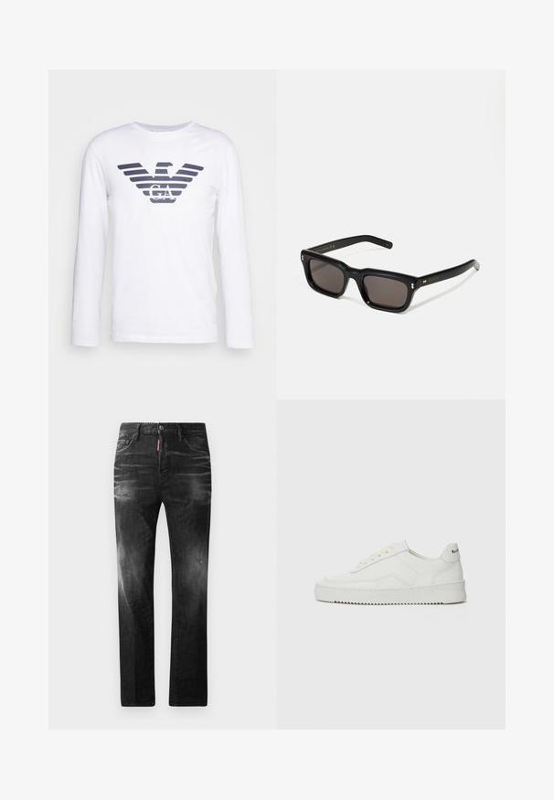 Bílá dlouhá tričko s dlouhým rukávem, které má temně modrou pruhovanou emblém orla s nápisem "GA" uprostřed. Vyrobeno z měkkého a hladkého bavlněného materiálu.; Černé džíny z denimu se rovnými nohavicemi. Obsahují vybledlé oblasti, drobné poškození, klasický pětikapsový design a zapínání na knoflík.; Bílé kožené tenisky s hladkým povrchem, kulatou špičkou, plochými tkaničkami a texturovanou podrážkou. Na patě se nachází nenápadné logo.; Černé obdélníkové sluneční brýle s tmavými skly, silným plastovým rámem, zlatými akcenty na spáncích a vyrytým logem značky na nožičce.