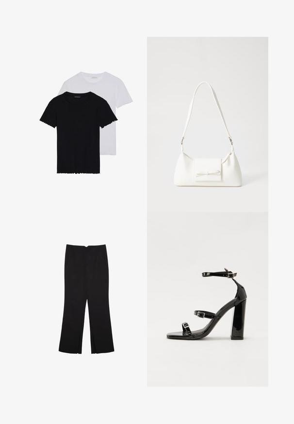 Even&Odd - T-shirt basic; Czarne spodnie o prostym kroju, z przednimi kieszeniami i bocznymi rozcięciami na dole. Wykonane z miękkiego, gładkiego materiału. Odpowiednie na różne okazje.; Czarne lakierowane sandały na obcasie z kwadratowym noskiem, z paskami wokół kostki i srebrnymi klamrami. Posiadają masywny słupek dla stabilności.; Biała syntetyczna torba o trójkątnym kształcie, płaskim przednim klapce i detalach w postaci kokardy, regulowanym pasku, gładkiej fakturze oraz minimalistycznym designie.