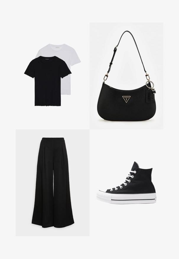 Even&Odd 2 PACK  - Camiseta básica - black/white; Pantalones negros de pierna ancha hechos de una tela suave, con pliegues frontales y una cintura alta, que garantizan una silueta fluida.; Zapatilla alta de lona negra con ojales, cordones y suela de goma blanca. Presenta una puntera texturizada y acentos en negro y blanco.; Bolso de hombro sintético negro con una silueta curvada, acabado texturizado, logo triangular dorado y acentos de hardware desmontables.