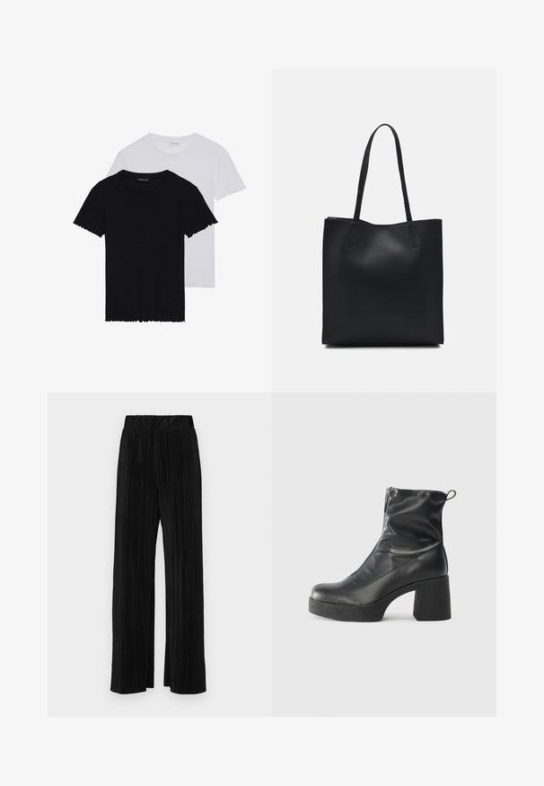 Even&Odd 2 PACK - T-paita - black/white; Mustat pleatatut housut, joissa on joustava vyötärö. Ominaisuuksiin kuuluvat leveät lahkeet ja sileä, teksturoitu kangas, jossa on pystysuoria raitoja.; Mustat nilkkurit, jotka on valmistettu sileästä nahasta. Niissä on sivuvetoketju, paksu teksturoitu korko ja pyöristetty kärki.; Mustapahkainen kangaskassi, jossa on sileä pinta, suorakaiteen muotoinen ja kaksi pitkää kahvaa. Ei näkyvää metalliosaa tai koristeita.
