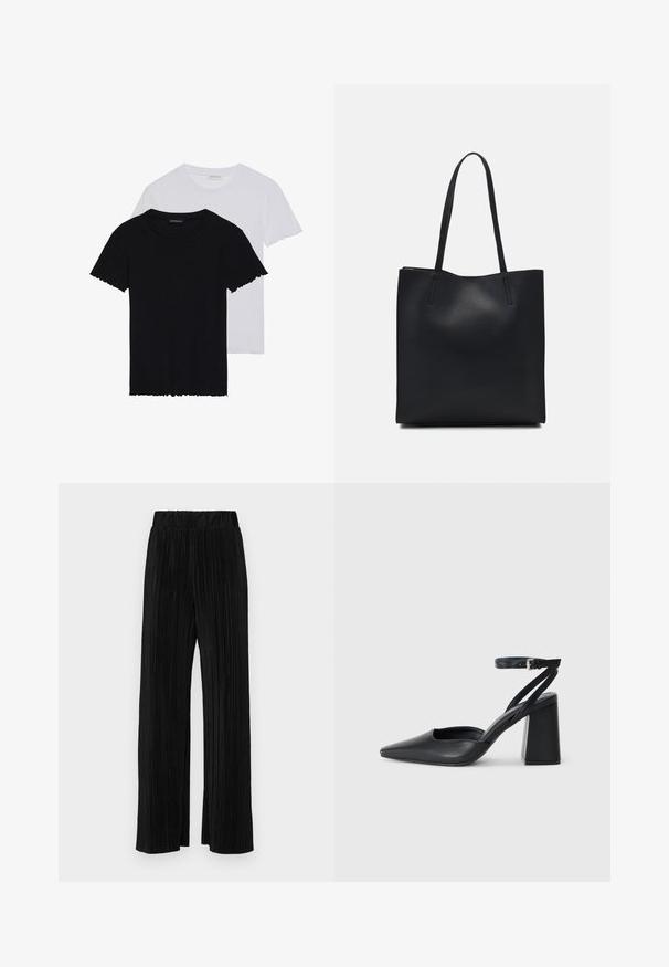 Even&Odd 2 PACK  - Jednoduché tričko - black/white; Černé plisované kalhoty s elastickým pasem. Mají široké nohavice a hladkou, strukturovanou tkaninu s vertikálními pruhy.; Černé kožené lodičky se špičatou špičkou, kotníkovým páskem a silným podpatkem. Hladká textura, elegantní design a minimalistická estetika.; Černá kožená taška přes rameno s hladkým povrchem, obdélníkovým tvarem a dvěma dlouhými uchy. Žádné viditelné kování ani ozdoby.