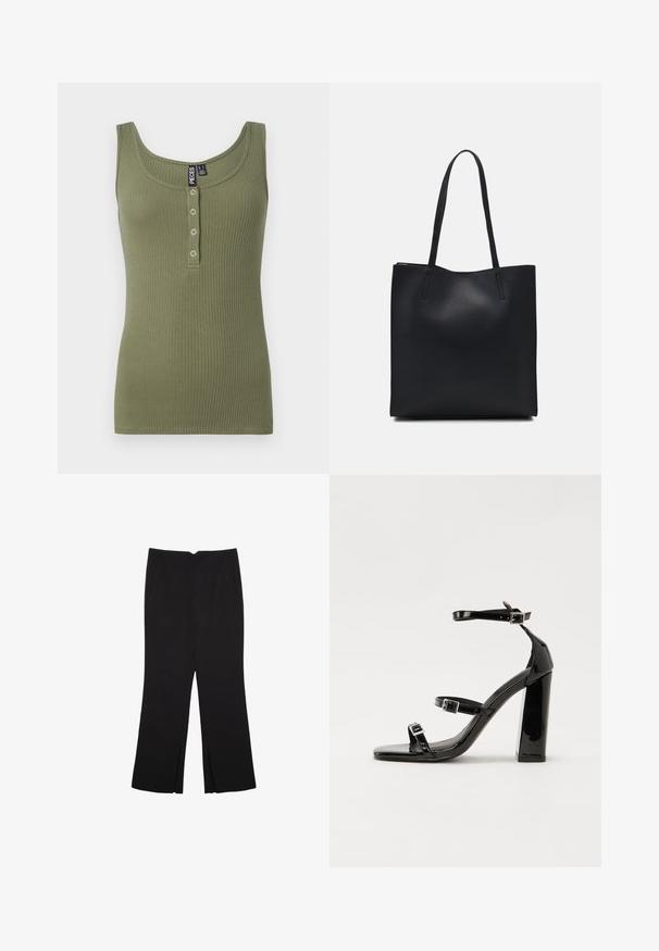 Olivgrön ribbad linne med rundad halsringning och fem knappar framtill. Mjuk textur och figurnära design.; Svarta byxor med rak passform, utrustade med framfickor och sidoklyvningar vid fållen. Tillverkade av mjukt, slätt tyg. Lämpliga för olika tillfällen.; Svarta lackerade klacksandaler med fyrkantig tå, ankelremmar och silverfärgade spännen. Har en kraftig blockklack för stabilitet.; Svart lädertoffelväska med slät textur, rektangulär form och två långa handtag. Ingen synlig hårdvara eller dekorationer.