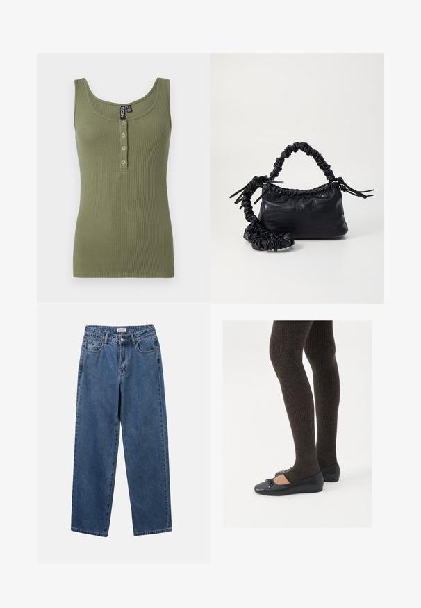 Top sin mangas de color verde oliva con escote redondeado y tapeta de cinco botones en la parte delantera. Textura suave y diseño ajustado.; Jeans de mezclilla azul clásico con un diseño de pierna recta, cinco bolsillos y cierre de botón. Presenta un lavado medio y una textura resistente.; Zapatos planos negros con un pequeño lazo en la punta, combinados con medias de punto en marrón oscuro. Los zapatos tienen una textura suave y un perfil bajo.; Bolso de mano de imitación cuero negro con textura de cocodrilo, parte superior fruncida y correa arrugada. Presenta un diseño suave y compacto.